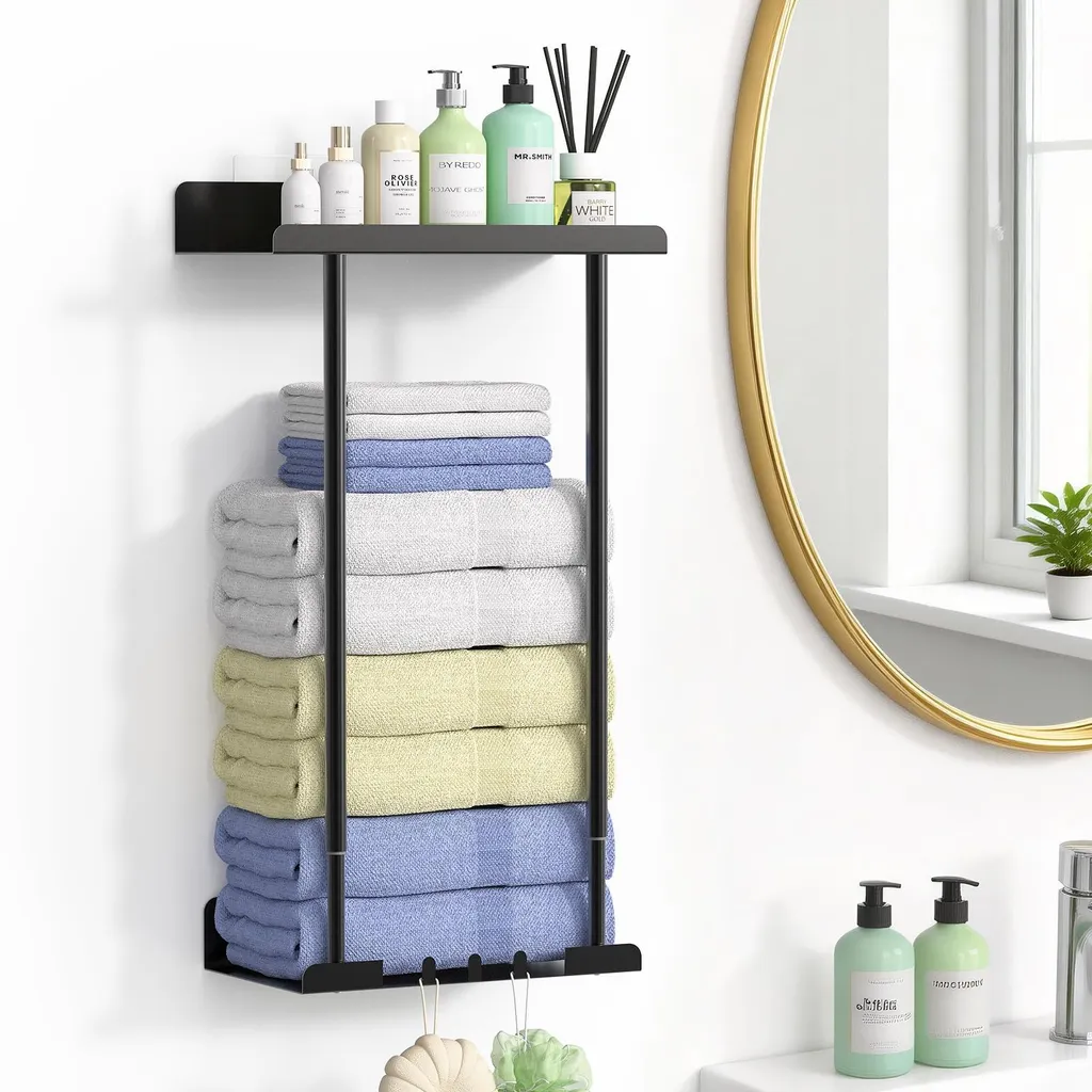 Porte-serviettes pour petite salle de bain noir sans trou avec tablette