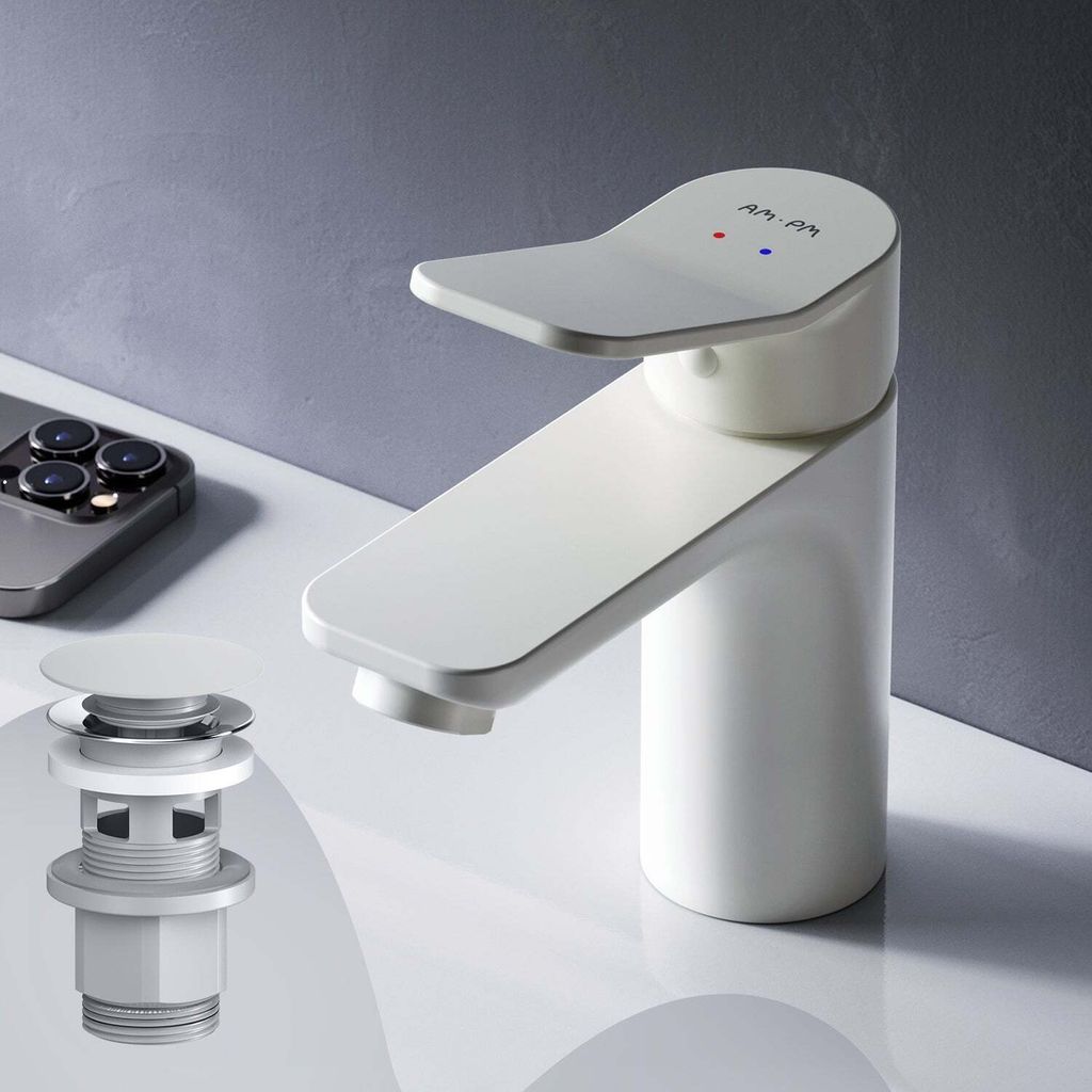 AM.PM Waschtischarmatur Weiss Wasserhahn mit Klick-Ablaufgarnitur Waschbecken Waschbeckenarmatur Spültisch Armatur