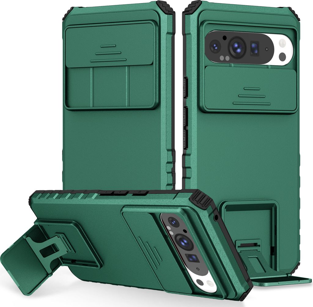 Dual Layer Hülle für Google Pixel 9 Pro XL Stossfest Robust Ständer Schutzhülle mit Schiebe Kamera Schutz Grün