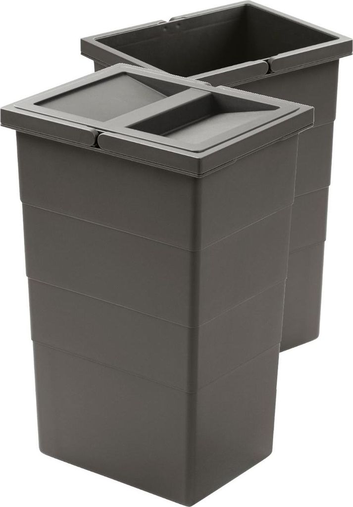 Two dark gray rectangular bins with lids are shown side-by-side against a white background.