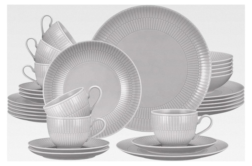 Amina Silbergrau Kombiservice 30-teilig, Geschirr-Set für 6 Personen, Tafel- und Kaffee-Geschirr mit dezentem Relief-Muster, Porzellan, Grau