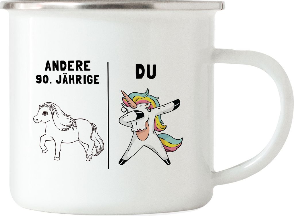 90. Geburtstag Emaille Tasse mit Spruch Frauen Lustig Einhorn 90 Jahre Geschenk-Idee Andere 90 Jährige
