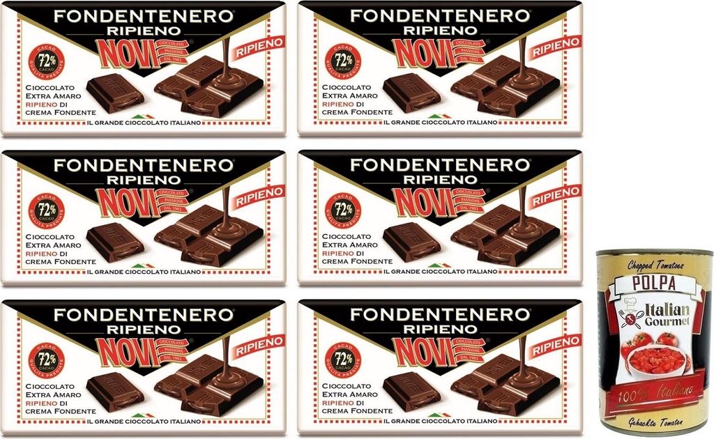 6x Novi Fondentenero Ripieno,Extrem Bittere Schokolade Gefüllt mit Dunkler Sahne,72% Kakao,105g + Italian Gourmet Polpa di Pomodoro 400g Dose