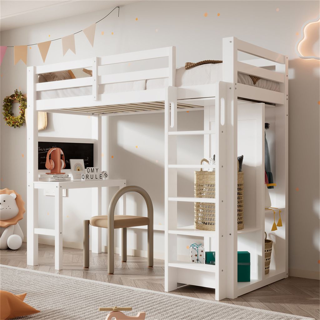 Jugendbett Kinderbett Hochbett mit Schreibtisch Offener Kleiderschrank und Regalen Kinderbett mit Lattenrost und Rausfallschutz