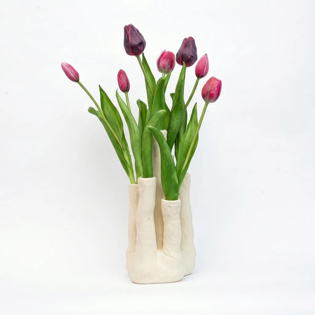 Tulipes artificielles réalistes rouges et violettes, vase céramique 25cm