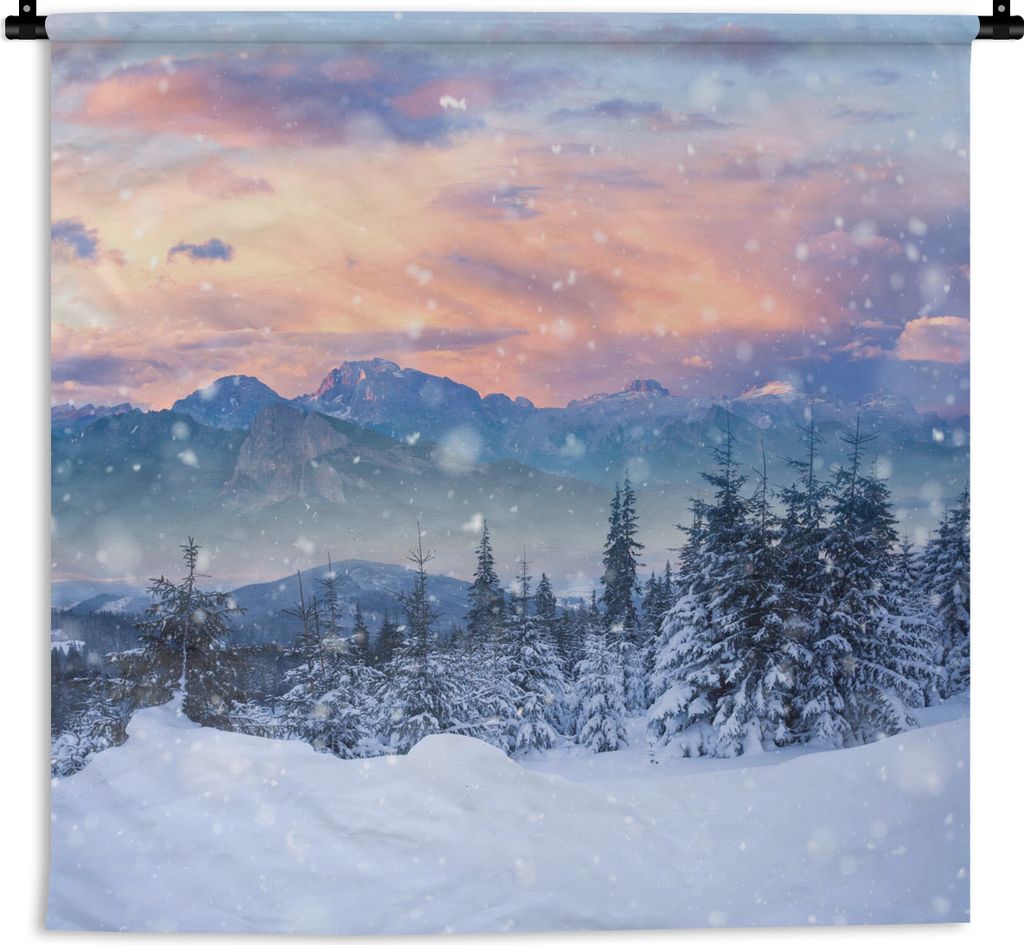 MuchoWow Wandteppich Wandbehang Schnee - Himmel - Wald - Winter 90x90 cm Tapisserie Dekoration Wandtuch - Wandaufhänger