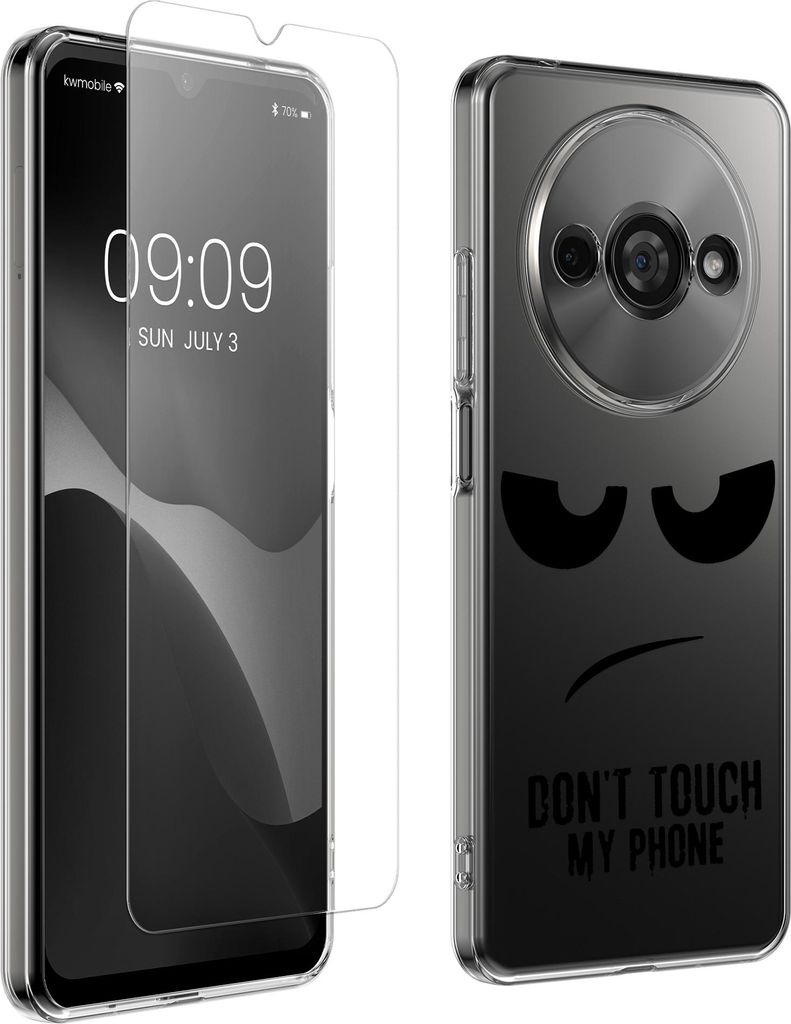 kwmobile Hülle kompatibel mit Xiaomi Redmi A3 Handyhülle - Silikon Case transparent - Mit Glas Schutzfolie - Don't touch my Phone Schwarz Transpa...