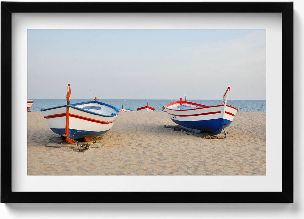 Boote am Strand– Wandbild mit Rahmen – Gerahmtes Bild – Wanddekoration – 60x40 cm – Schwarz Rahmen