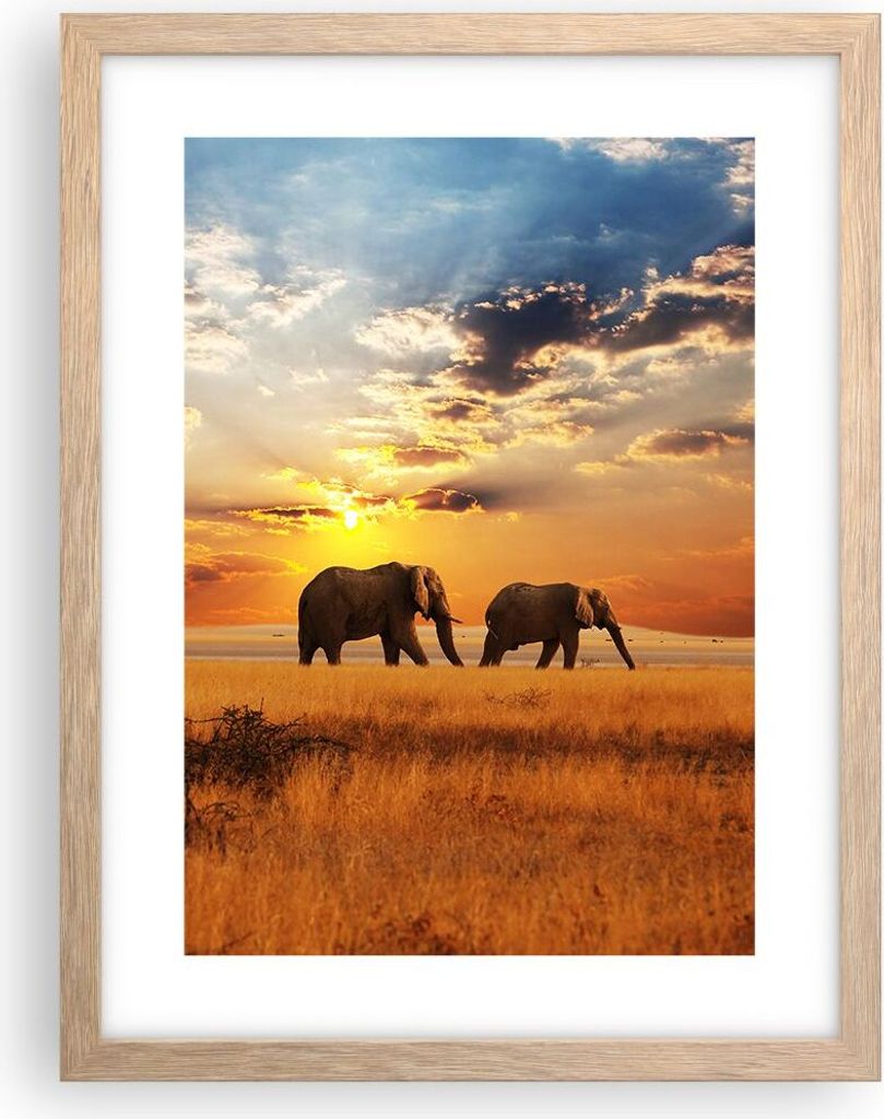 Gerahmtes Poster - Rahmen in heller Eiche - Elefanten Safari Dschungel Busch - 30x40 cm - Wand Bild - Wanddeko - Wandbilder - Wandposter - Bilderra...