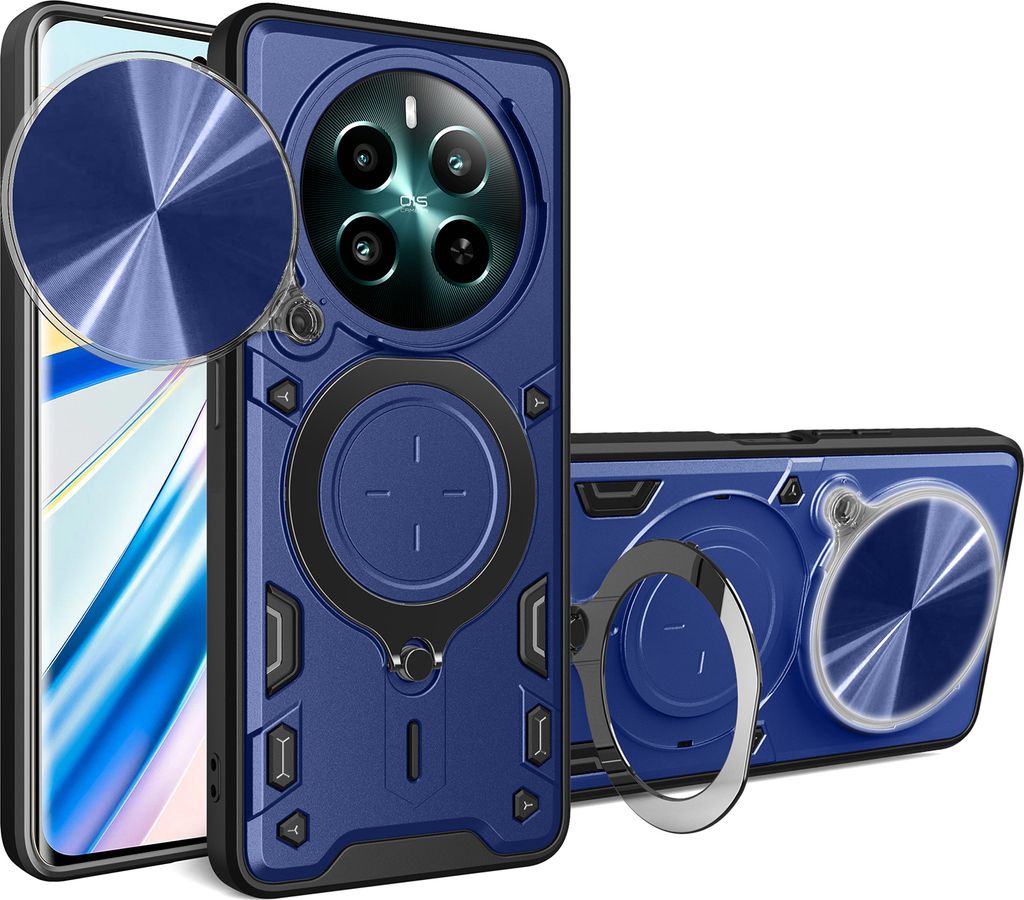 Handyhülle für Realme 12+ Dual-Layer Stoßfest Rüstung Hülle mit Dia Kameraschutz und Kreisförmig Ring Ständer Blau