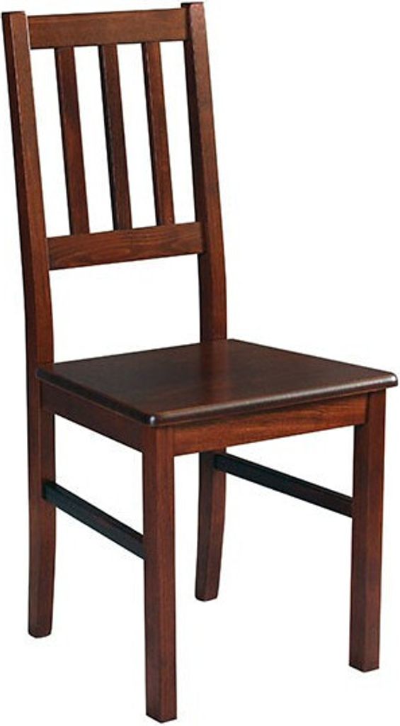 A wooden dining chair with a slatted backrest.