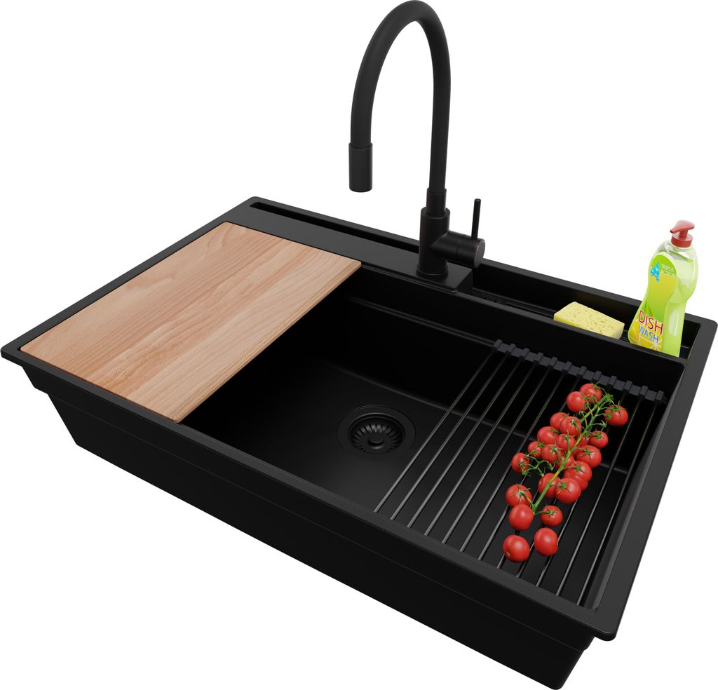 PRIMAGRAN Granitspüle Alles Schwarz 78x53cm, Spülbecken 1 Becken + Ablauf-Set + Küchenzubehörset, Küchenspüle ab 80er Unterschrank - Oslo Pocket