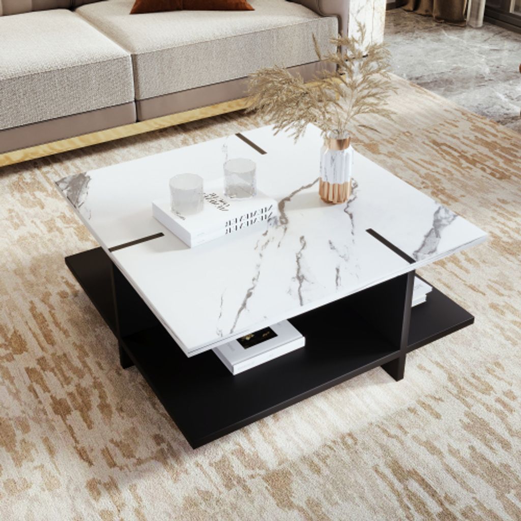ProximaX Quadratischer Couchtisch, Minimalistisch und Stylisch: Schwarz-Weiß mit Weißer Marmoroptik