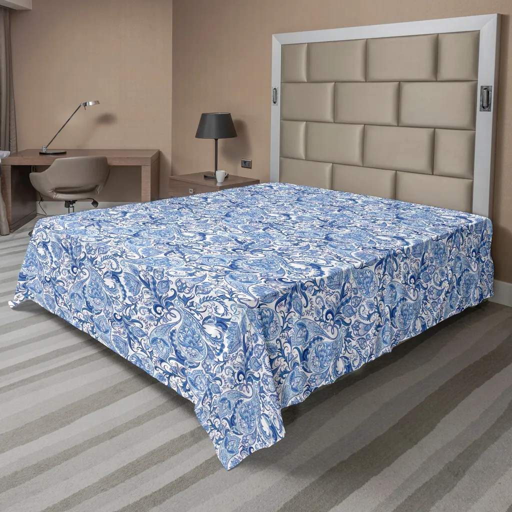 Drap plat supérieur doux 266x260 cm, Imprimé Nature Bleu et Ethnique