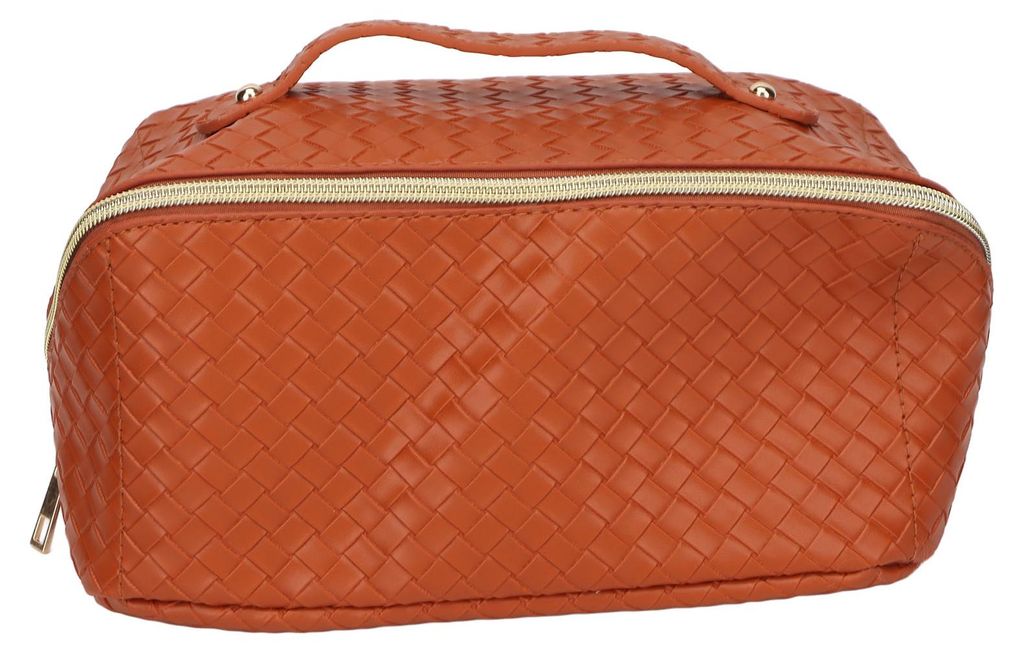 Kosmetiktasche aus Kunstleder mit Webmuster und Reißverschluss, braun