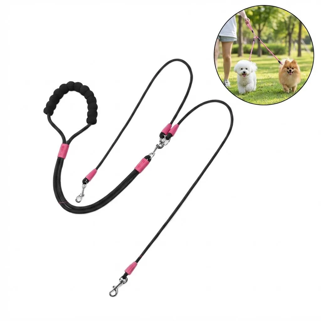 Guinzaglio doppio per 2 cani, impugnatura morbida imbottita, 85 cm + 2 x 95 cm, nero