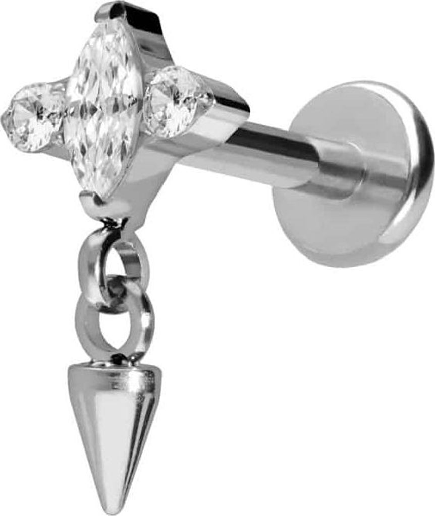 Ohrpiercing, Nasenpiercing Titan Labret mit Innengewinde EINGEFASSTE KRISTALLE + SPITZE Silber Stablänge: 8mm | Stabstärke: 1,6mm