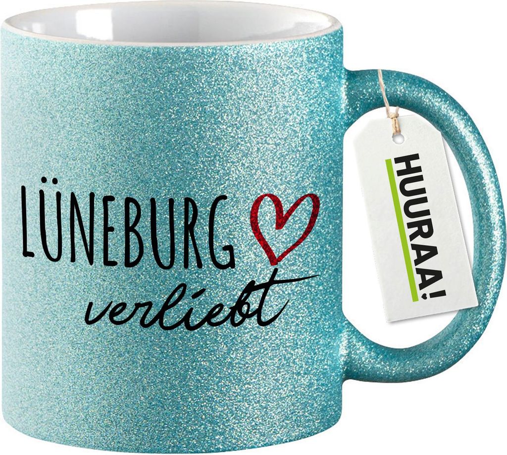 Huuraa Glitzertasse Lüneburg verliebt 330ml Blau Keramik Kaffeebecher Geschenkidee