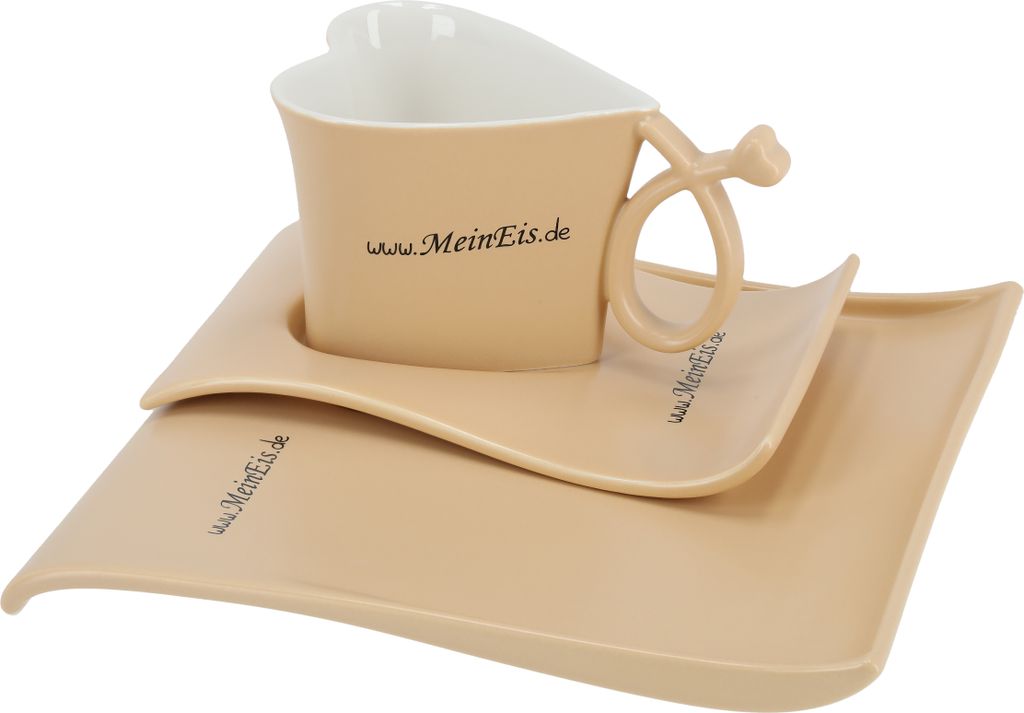 TIBU Tasse und Untertasse Set Herzform Beige Keramik Kuchenteller Dessertteller Kaffee Tee kreatives Geschenk Valentinstag Geburtstag (200ml)