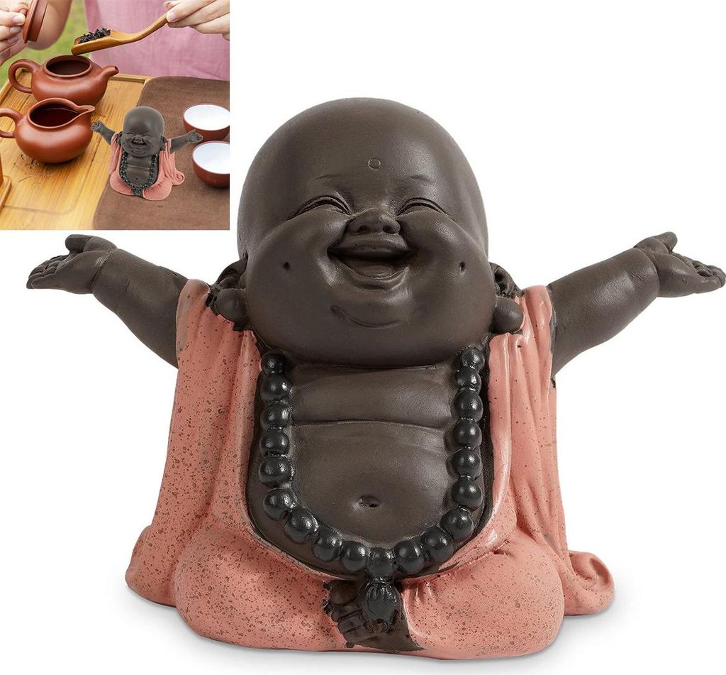 Lachender Mönch Figur, kleiner Buddha als süße Deko für Schreibtisch und Wohnzimmer, Geschenk Ornament 7,8x8,3cm