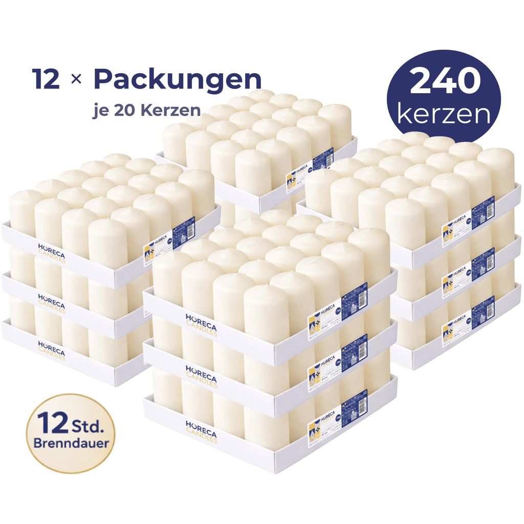 HORECA CANDLES Stumpenkerzen Elfenbein Ø4x7 cm 240er Set – 12h Brenndauer – Tropfarm & Raucharm – Duftfrei – Für Gastronomie & Haushalt