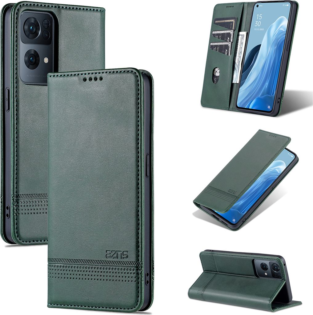 OPPO Reno7 Pro 5G Leder Hülle, Klapphüllen Brieftasche Magnetverschluss Ständer Schutzhülle für OPPO Reno7 Pro 5G Grün