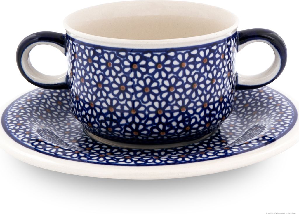 Original Bunzlauer Keramik 260 ml Suppentasse Ø10,5 mit Henkel und Untertasse Ø19,5 cm im Design 120