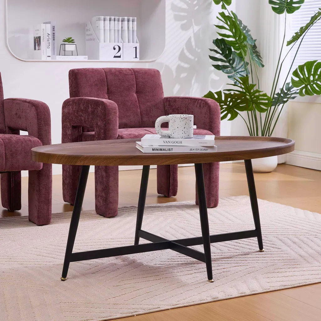 Table d'appoint ovale OKWISH bois et métal noir 110x55 cm style nordique