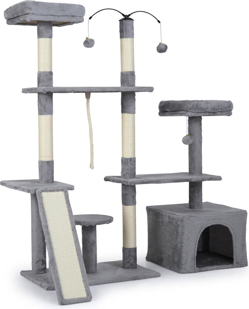 COSTWAY 136 cm Kratzbaum, Katzenbaum mit Katzenhöhle, Rampe, 2 Liegeflächen, Seil, Ball&Sisalsäulen, Katzenkratzbaum, Kletterbaum (Hellgrau)