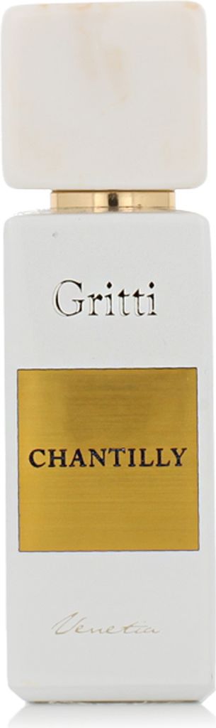 A white perfume bottle with gold accents and text.
