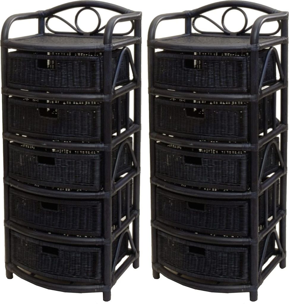 KRINES HOME 2er Set Regale mit 5 Schüben aus Natur-Rattan, Kommode / Korbregal 53x43x129 (Dunkel-Blau)