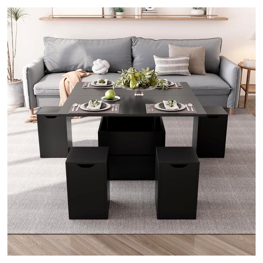 Höhenverstellbarer Couchtisch, 4-in-1-Multifunktionstisch umwandelbar in Esstisch, Couchtisch mit Stauraum und 4 Hockern, Schwarz