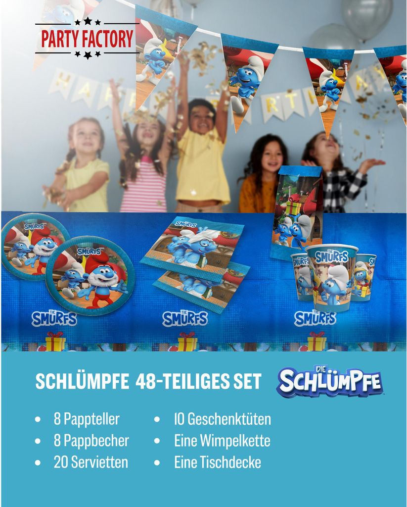 Die Schlümpfe 48-tlg. Party Set – Deko mit Bechern Tellern Servietten Tüten