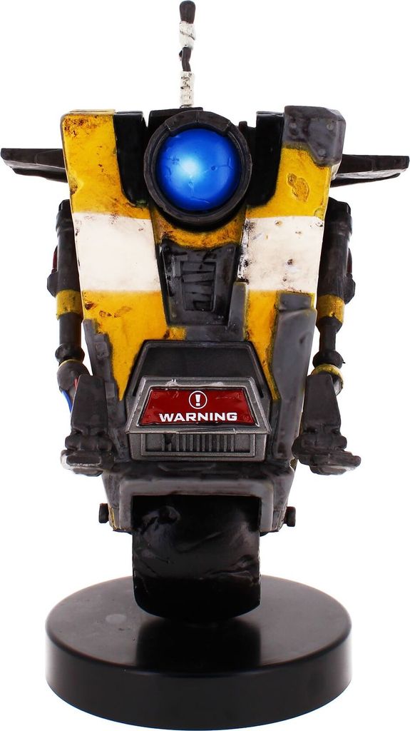 A front-facing view of a Claptrap robot figurine on a black circular base.