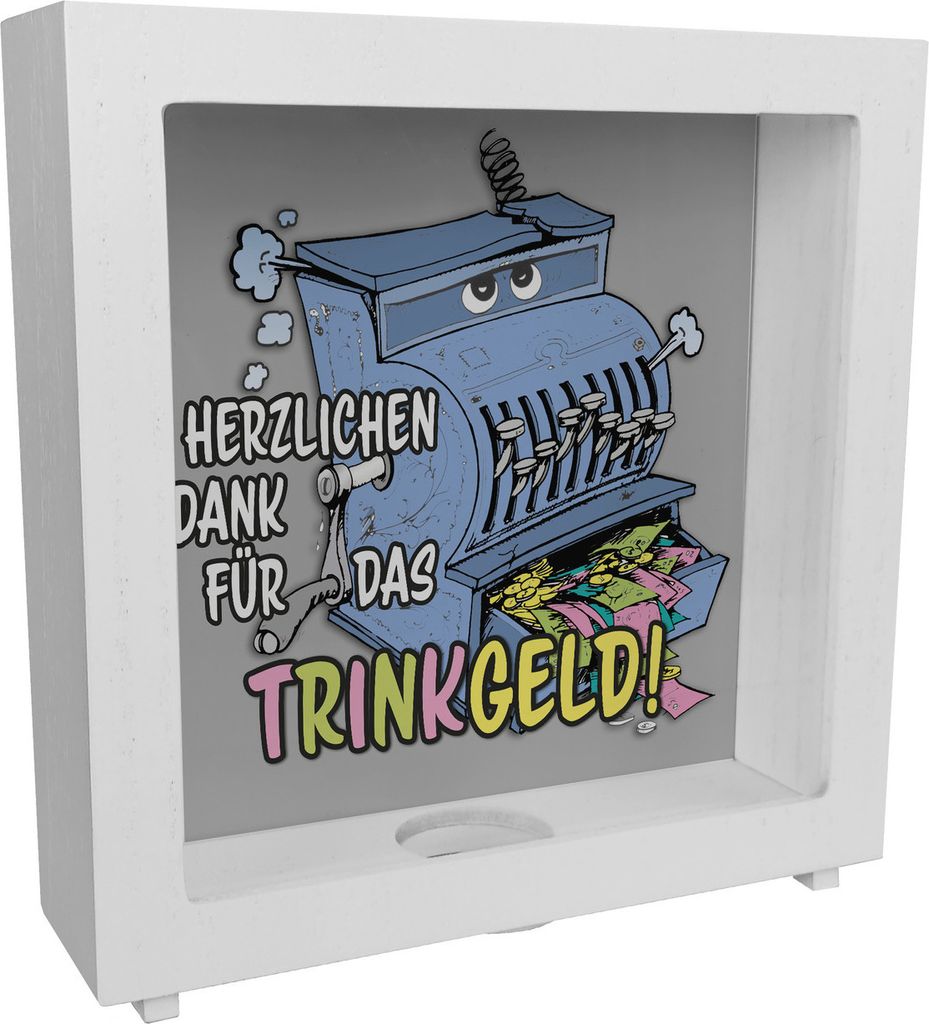 Trinkgeld Rahmen Spardose aus Holz mit Ladenkasse Motiv in grau