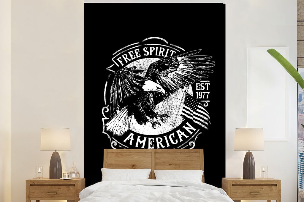MuchoWow Fototapete für Wohnzimmer oder Schlafzimmer Wandtapete Vinyl Motivtapete Adler - Flagge - Retro - Schwarz - Weiß - 155x240 cm - Tapete