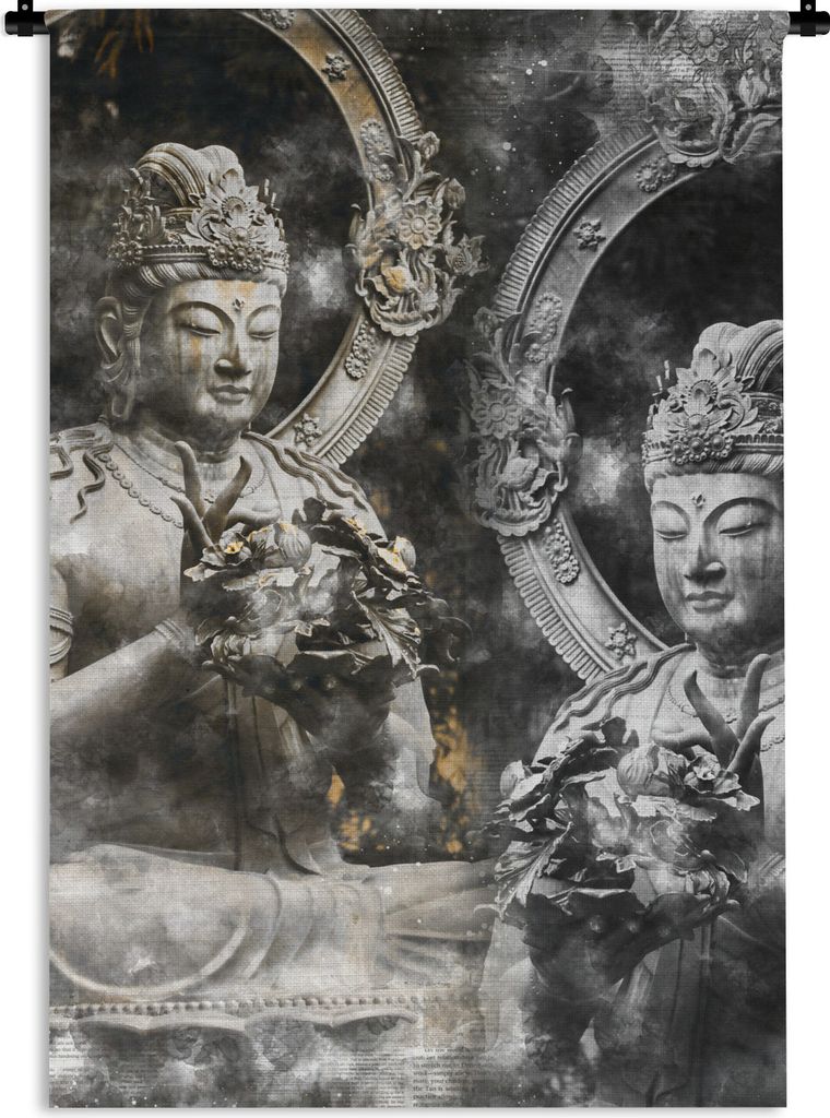 MuchoWow Wandteppich Wandbehang Buddha - Silber - Rauch 60x90 cm Tapisserie Dekoration Wandtuch - Foto-Teppich - Abwaschbar