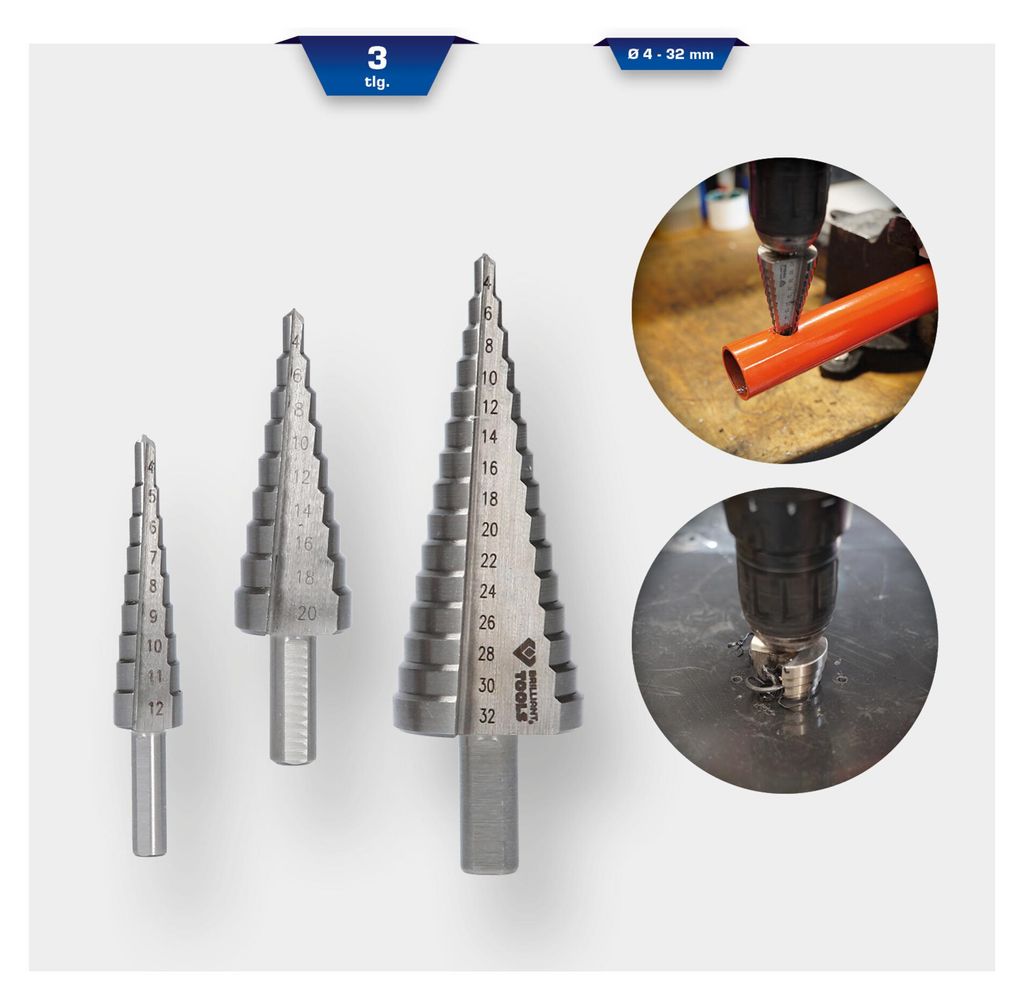 Brilliant Tools Set di punte a gradino, 3 pezzi, diametro 4 Immagine del prodotto 