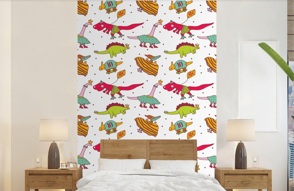 MuchoWow Fototapete für Wohnzimmer oder Schlafzimmer Wandtapete Vinyl Motivtapete Muster - Dino - Farben - Jungen - Kinder - Kind - 190x300 cm -...