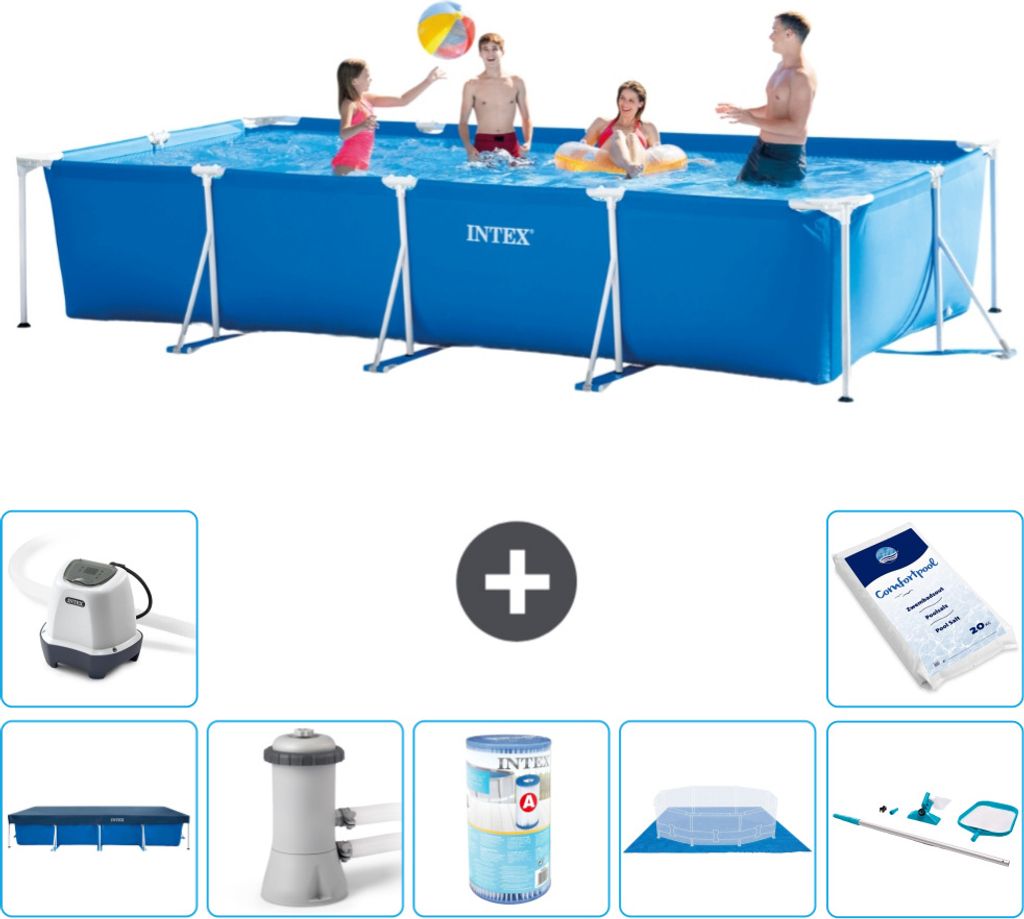 Intex-Schwimmbecken mit rechteckigem Rahmen – 450 x 220 x 84 cm – Blau – im Lieferumfang enthalten Abdeckung - Filterpumpe für Schwimmbad - ...