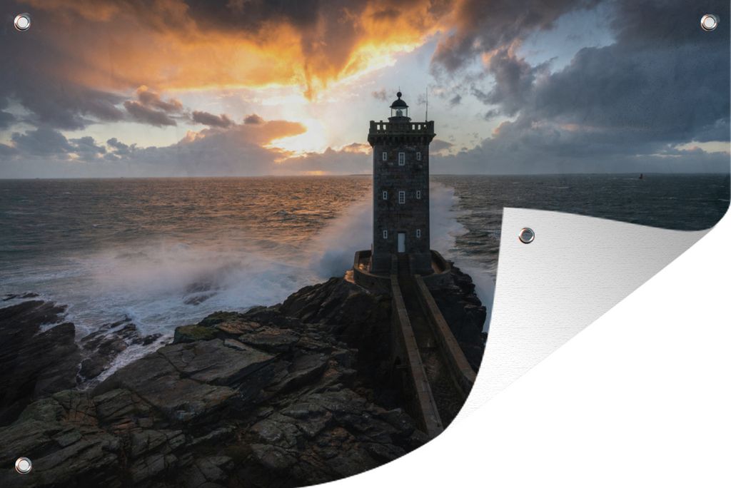 MuchoWow 120x80 cm Outdoor-Poster Gartendeko Sichtschutz Garten Poster für den Garten Sonnenuntergang mit Leuchtturm