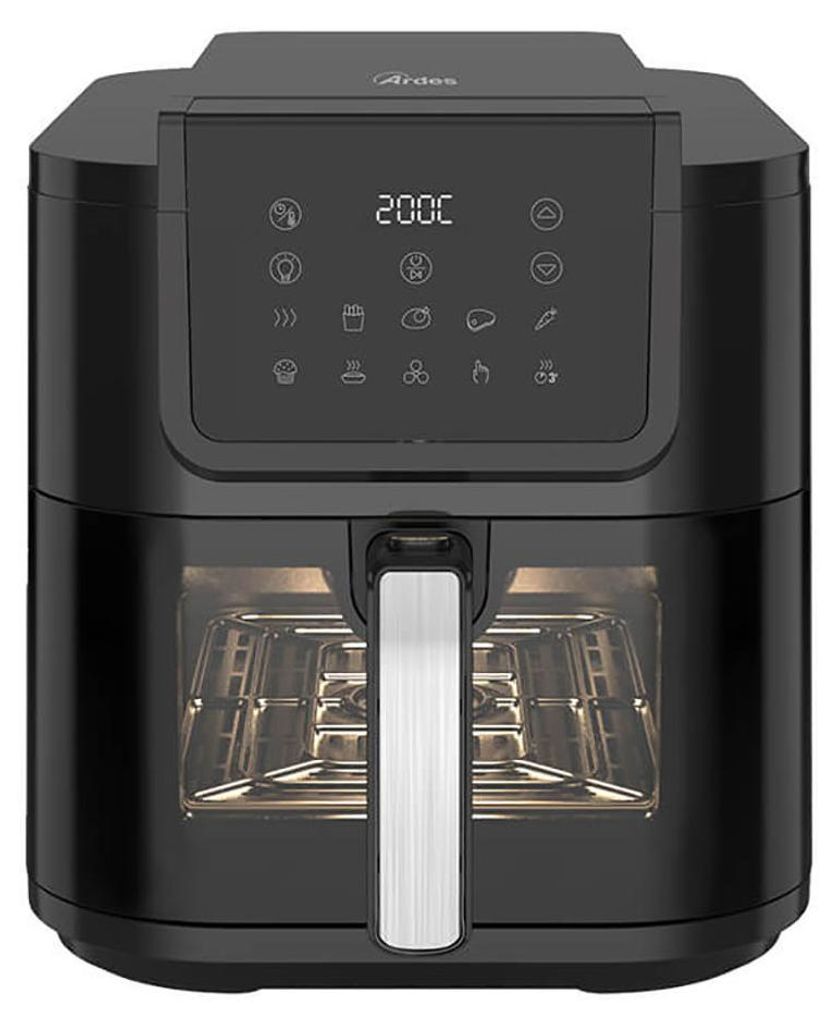 A black air fryer with a digital display and a silver handle.