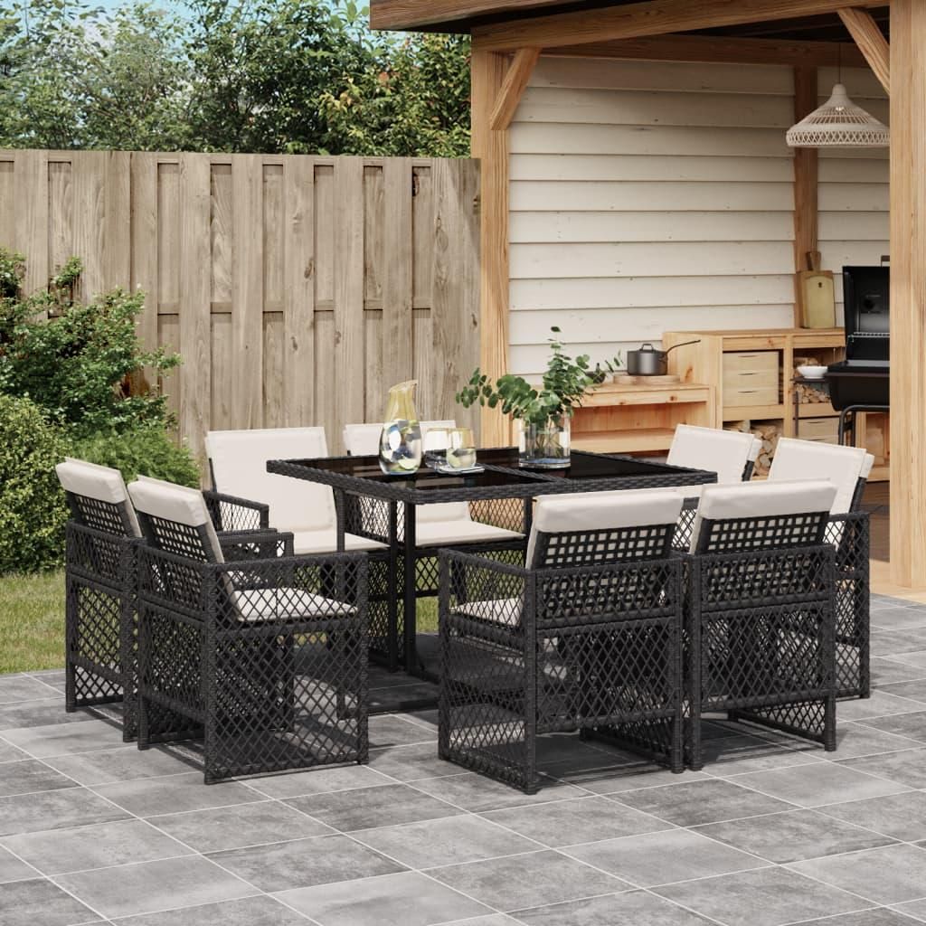 Maison Exclusive - 9-tlg. Garten-Essgruppe mit Kissen Schwarz Poly Rattan