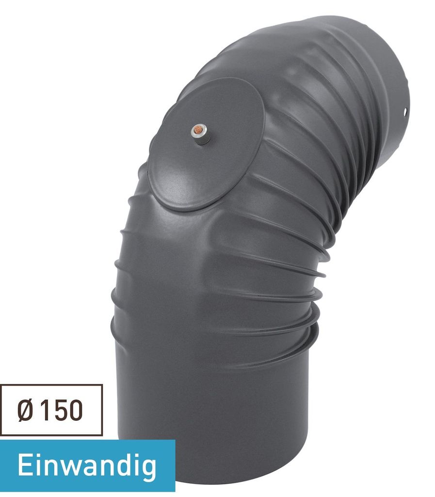 Raik Rauchrohrbogen / Ofenrohrbogen Emaille 150mm - 90° Bogen gerippt Grau mit Reinigungsöffnung