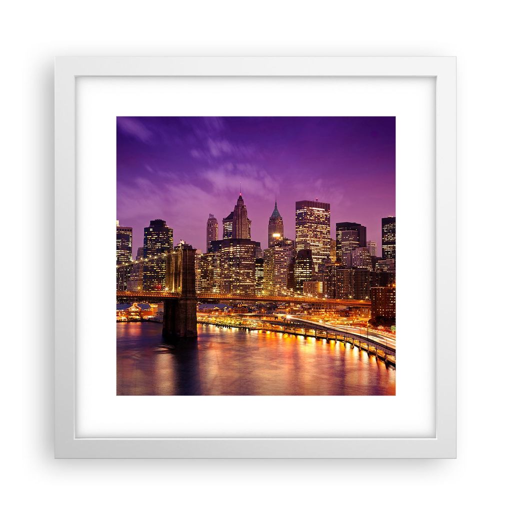 Gerahmtes Poster - Weißer Rahmen - New york nacht brooklyn brücke - 30x30 cm - Wand Bild - Wanddeko - Wandbilder - Wandposter - Bilderrahmen - Bi...