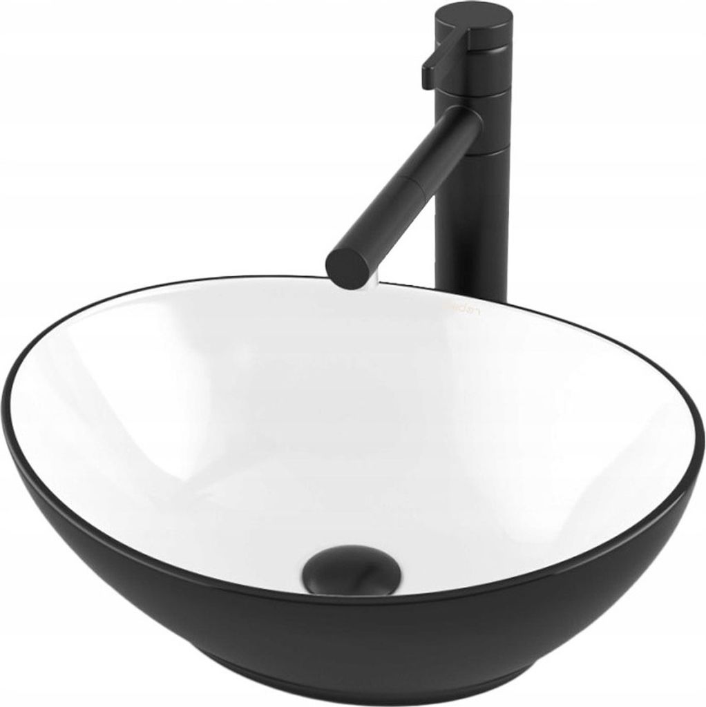 A black and white oval vessel sink with a black faucet.