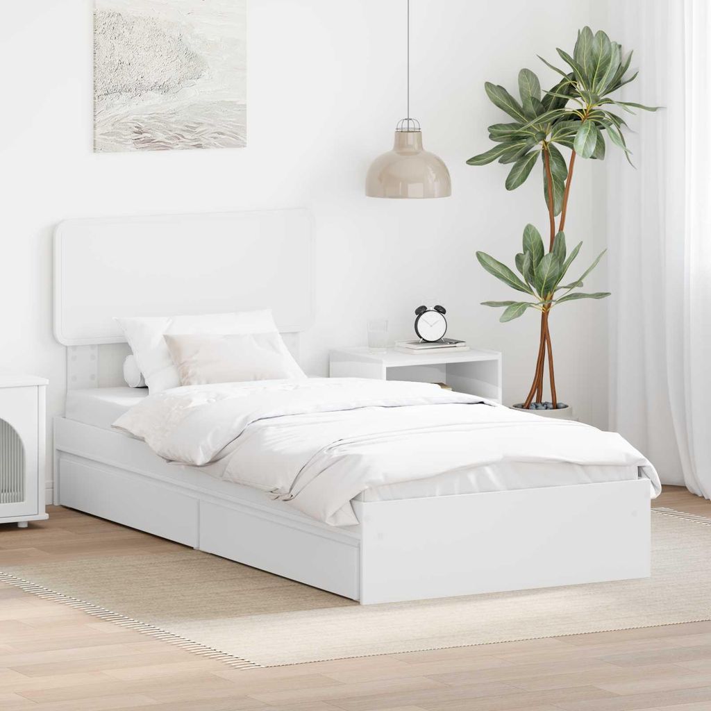 "Schlussverkauf" Einzelbett 1 PLACE - Aufbewahrungsbett moderne - mit Kopfteil - Weiß 90x200 cm Holzwerkstoff C2351
