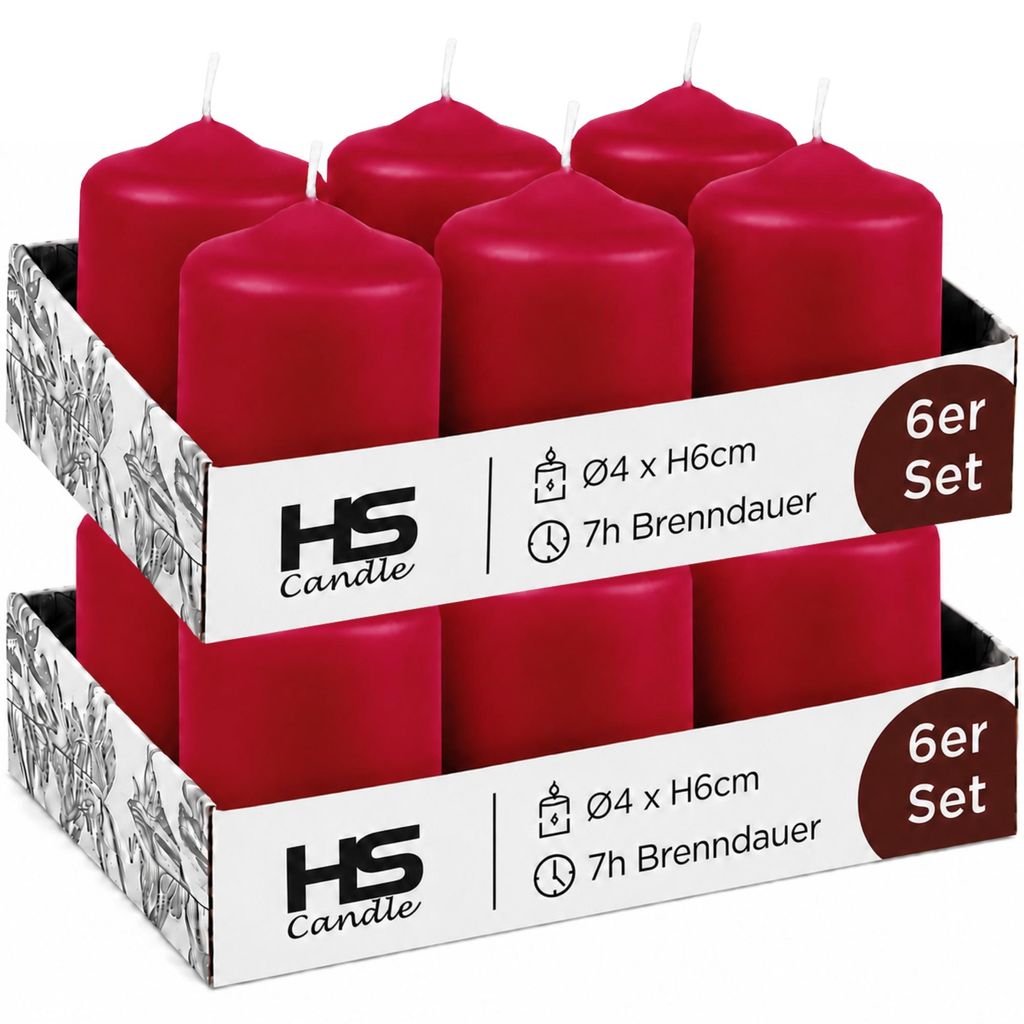 Candele a colonna Ø4cm x 6cm rosso rubino confezione da 12 Immagine del prodotto 