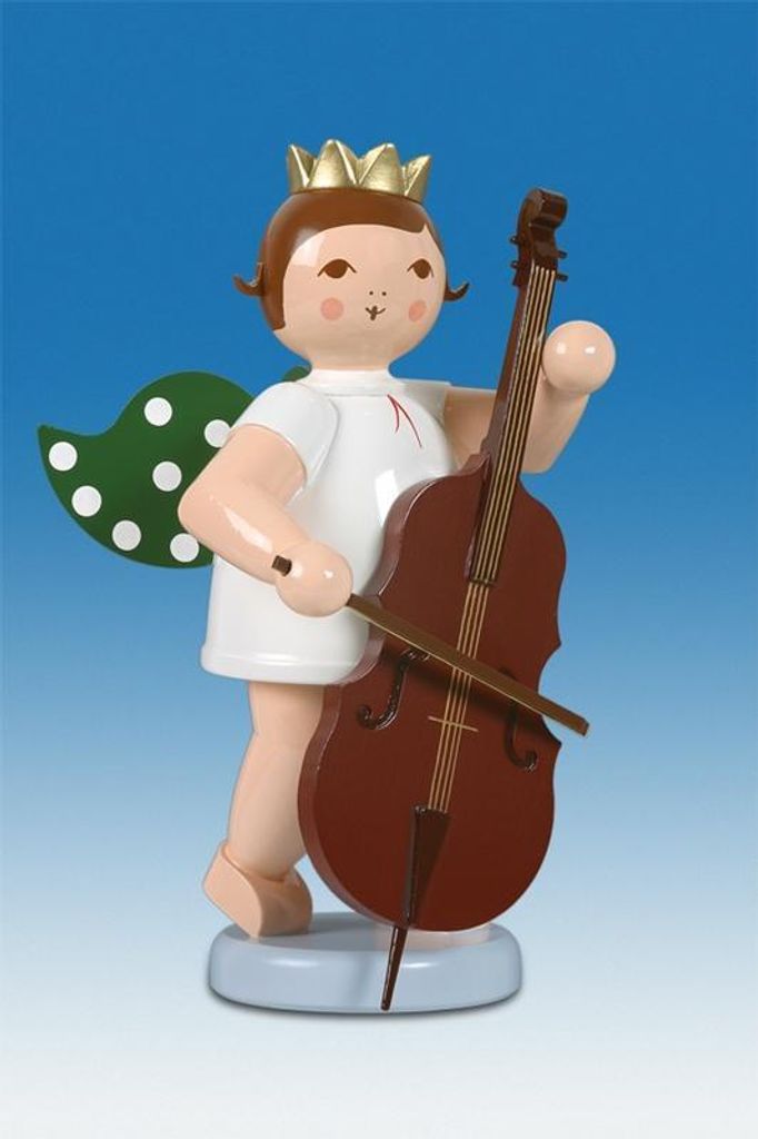 Holzfigur Engel mit Krone und Bassgeige Höhe 22cm NEU