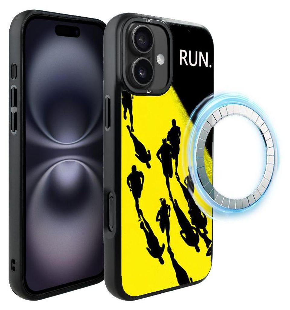 Schutzhülle für das iPhone 16, MagSafe-kompatibel, mattschwarze Seiten, Sport, Laufen, Marathon, gelb